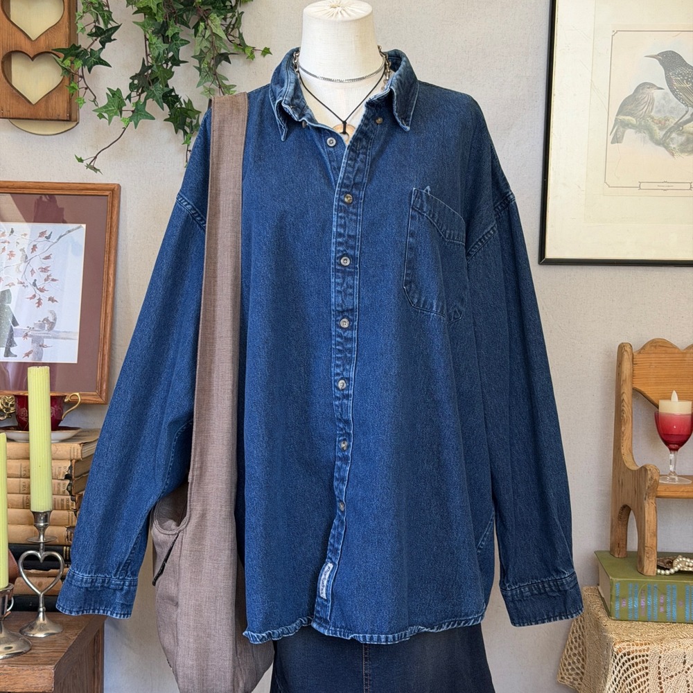 Blue Denim Shirt Oversized Granola Shacket XXL Indie Grunge Layering Fall Chunky